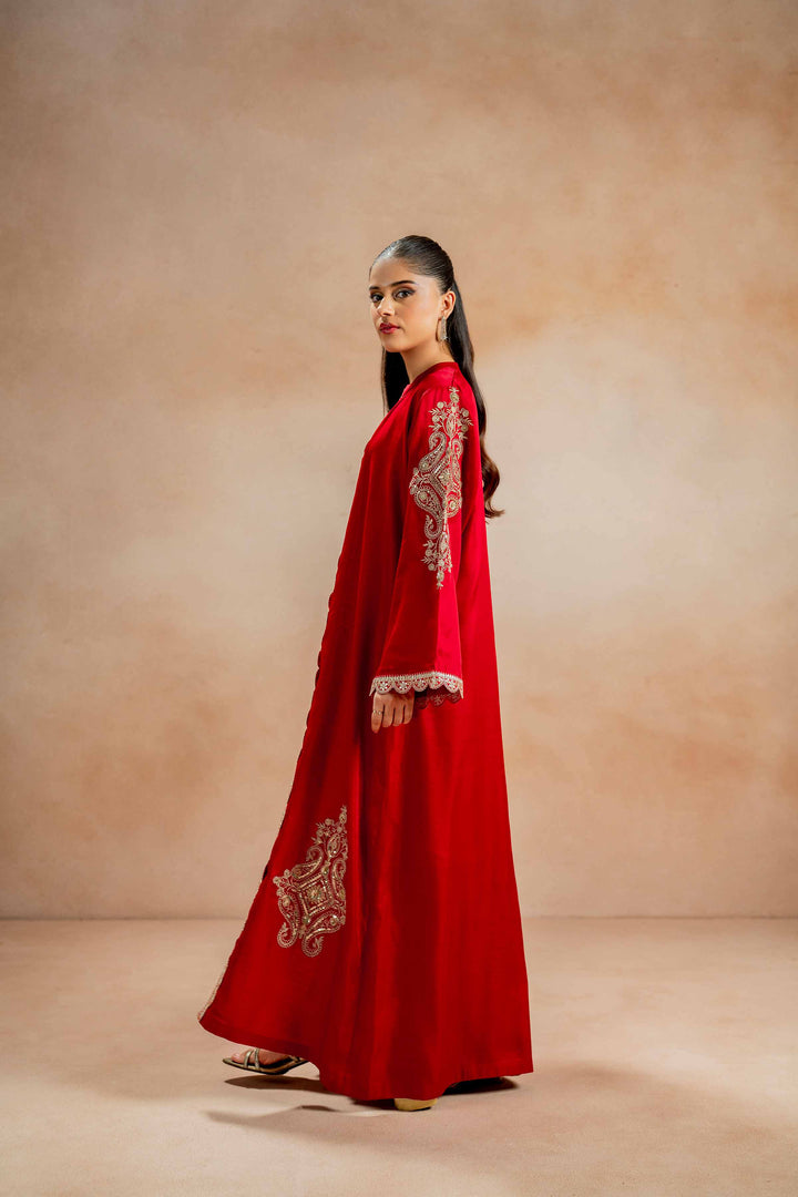 Embroidered Red Fancy Polyester Gown