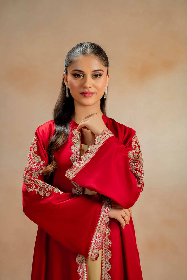 Embroidered Red Fancy Polyester Gown