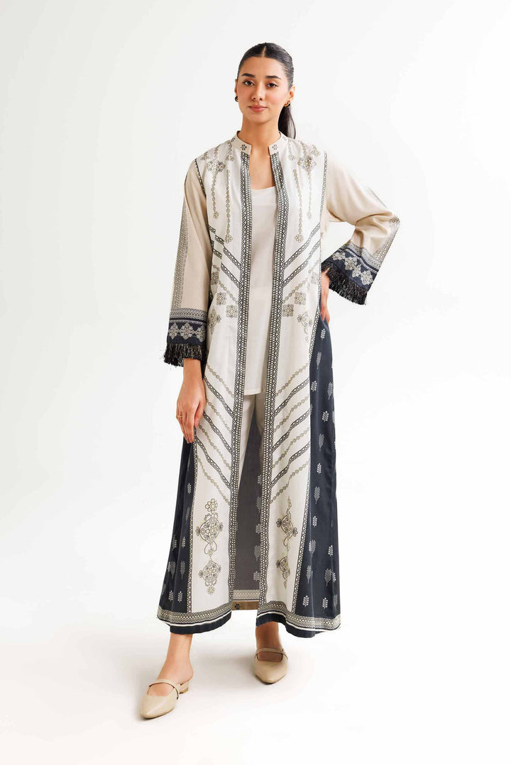 Satin Beige & Black Printed Winter Dress