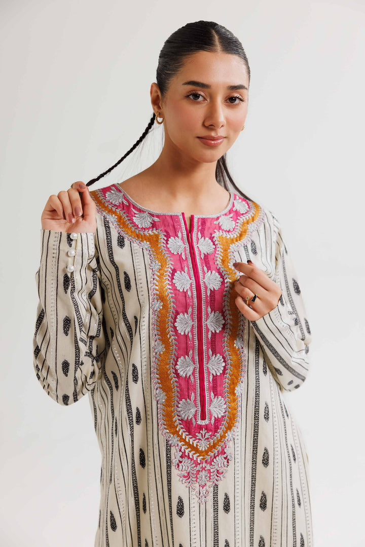 Pink Jacquard Embroidered Winter Dress