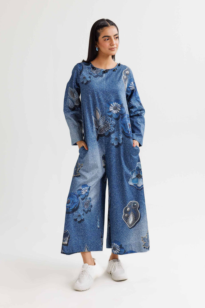 Blue Printed Satin Jumpsuit