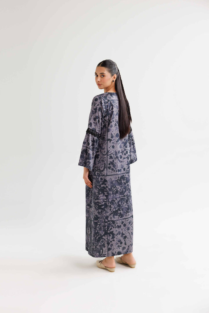 Navy Satin Printed Winter Dress