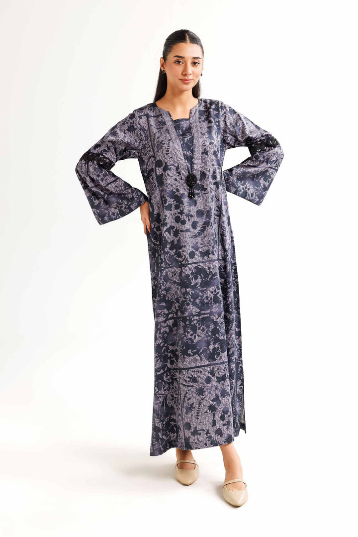 Navy Satin Printed Winter Dress