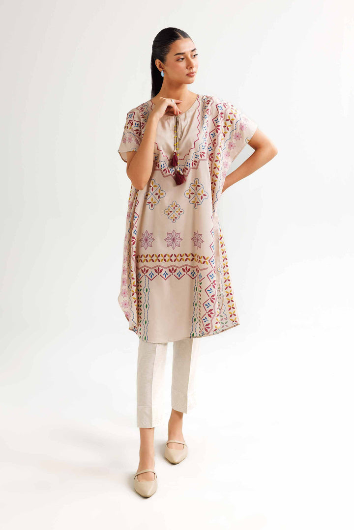 Beige Satin Printed Winter Kaftan