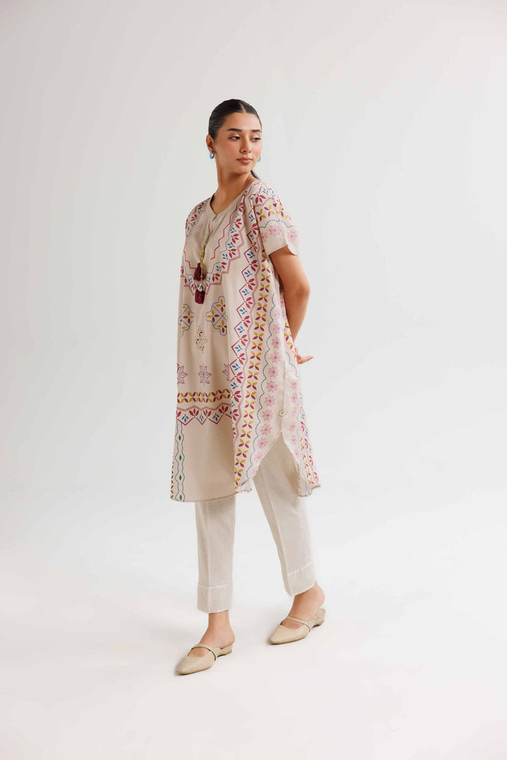 Beige Satin Printed Winter Kaftan