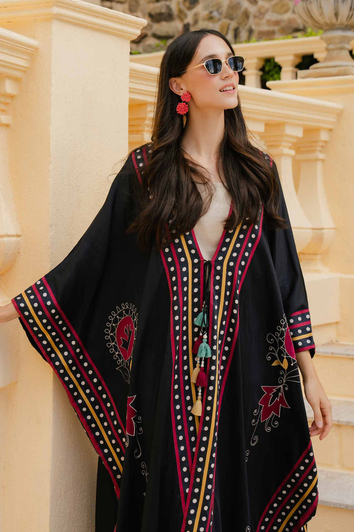 Black Satin Printed Embroidered Winter Kaftan