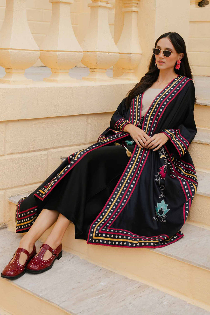 Black Satin Printed Embroidered Winter Kaftan