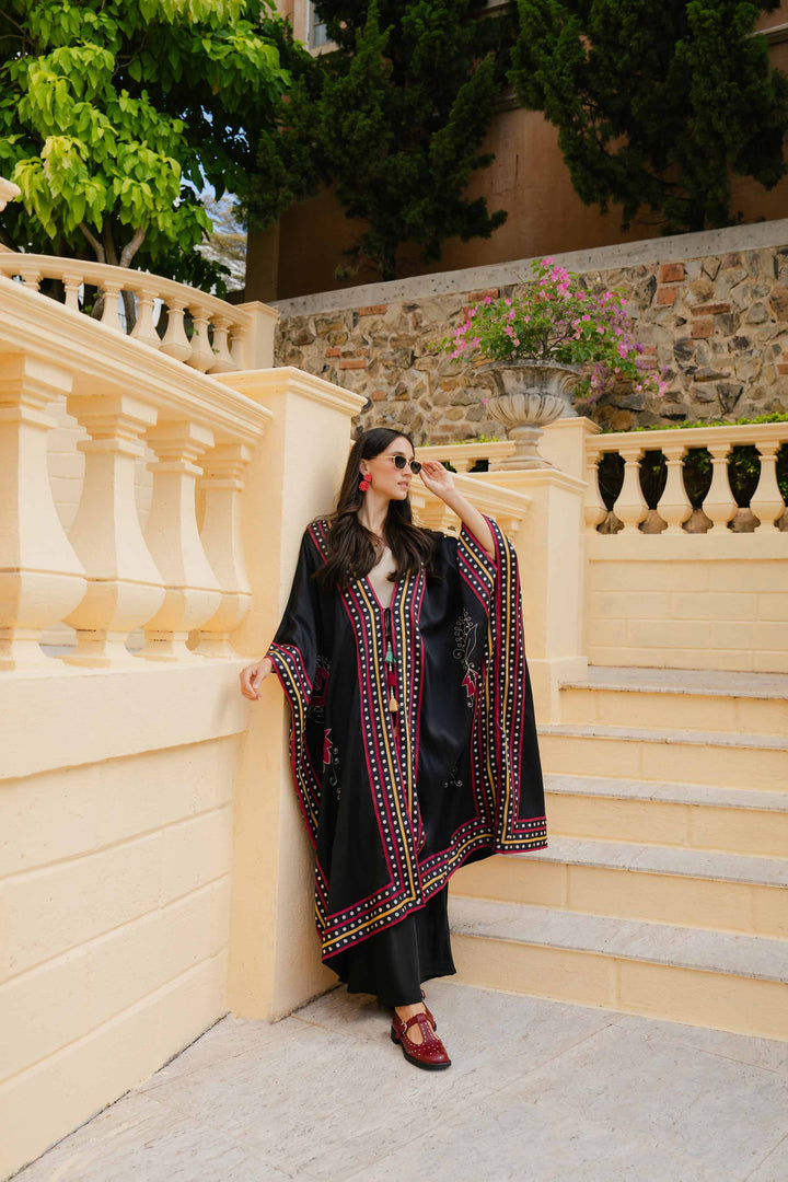 Black Satin Printed Embroidered Winter Kaftan