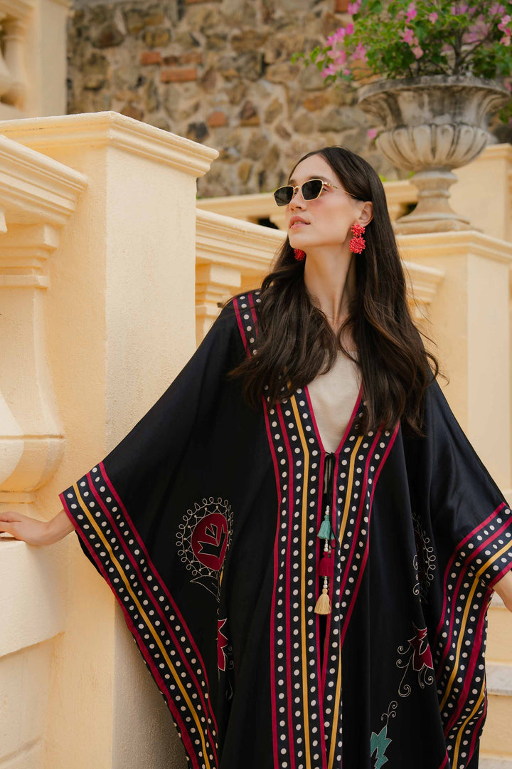 Black Satin Printed Embroidered Winter Kaftan