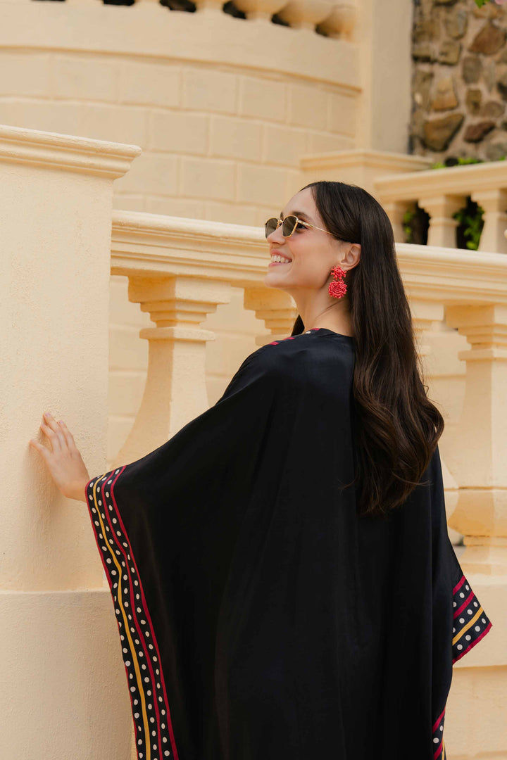 Black Satin Printed Embroidered Winter Kaftan