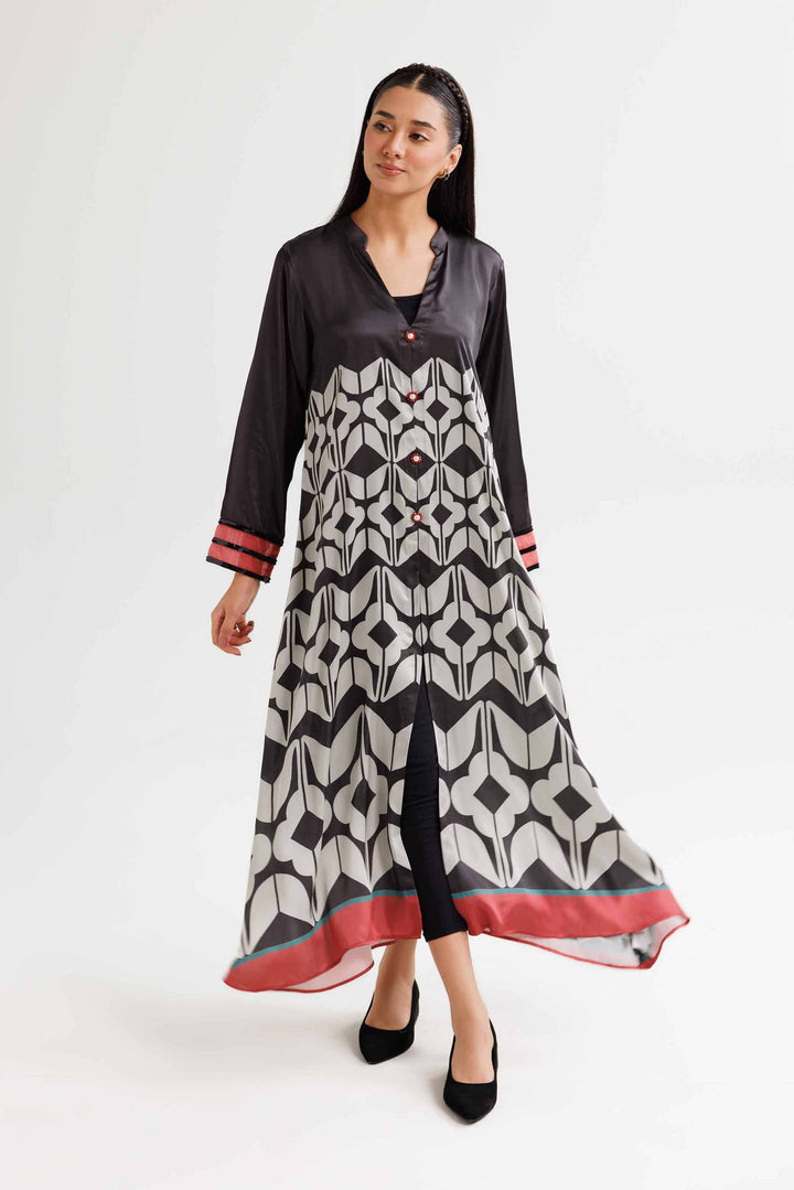 Black Silk Printed Winter Dress