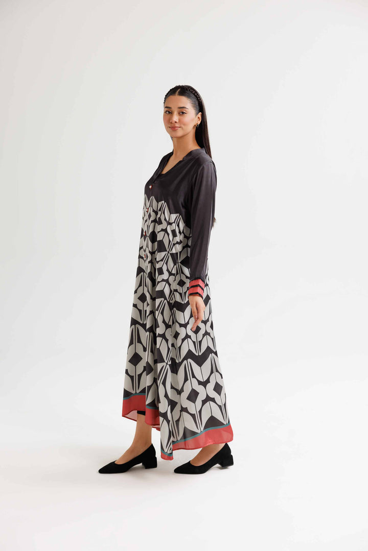 Black Silk Printed Winter Dress