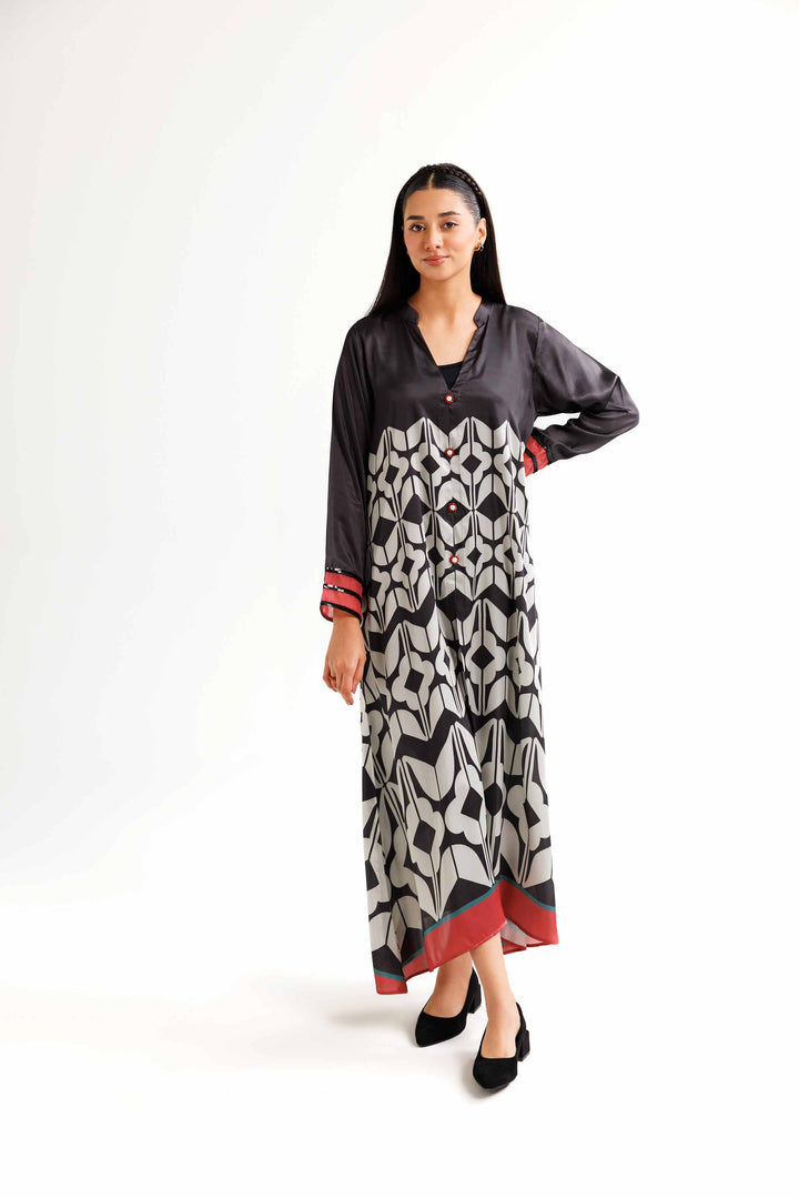 Black Silk Printed Winter Dress