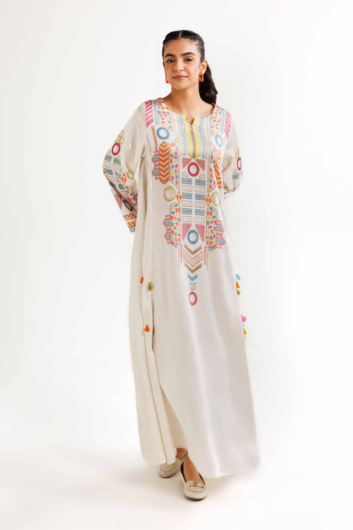 Cream Silk Printed Winter Dress