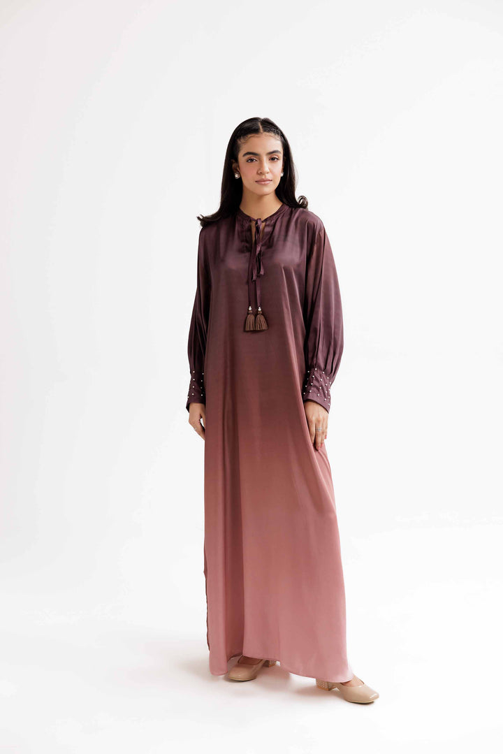 Brown Silk Printed Winter Dress