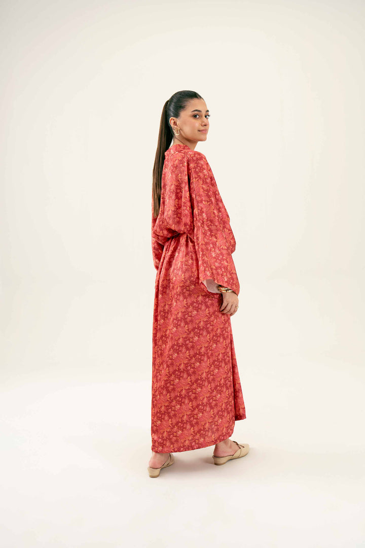 Rust Silk Printed Kimono Winter Dress