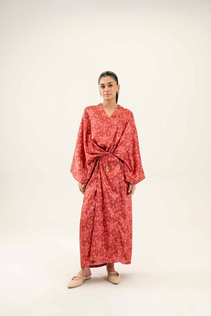 Rust Silk Printed Kimono Winter Dress