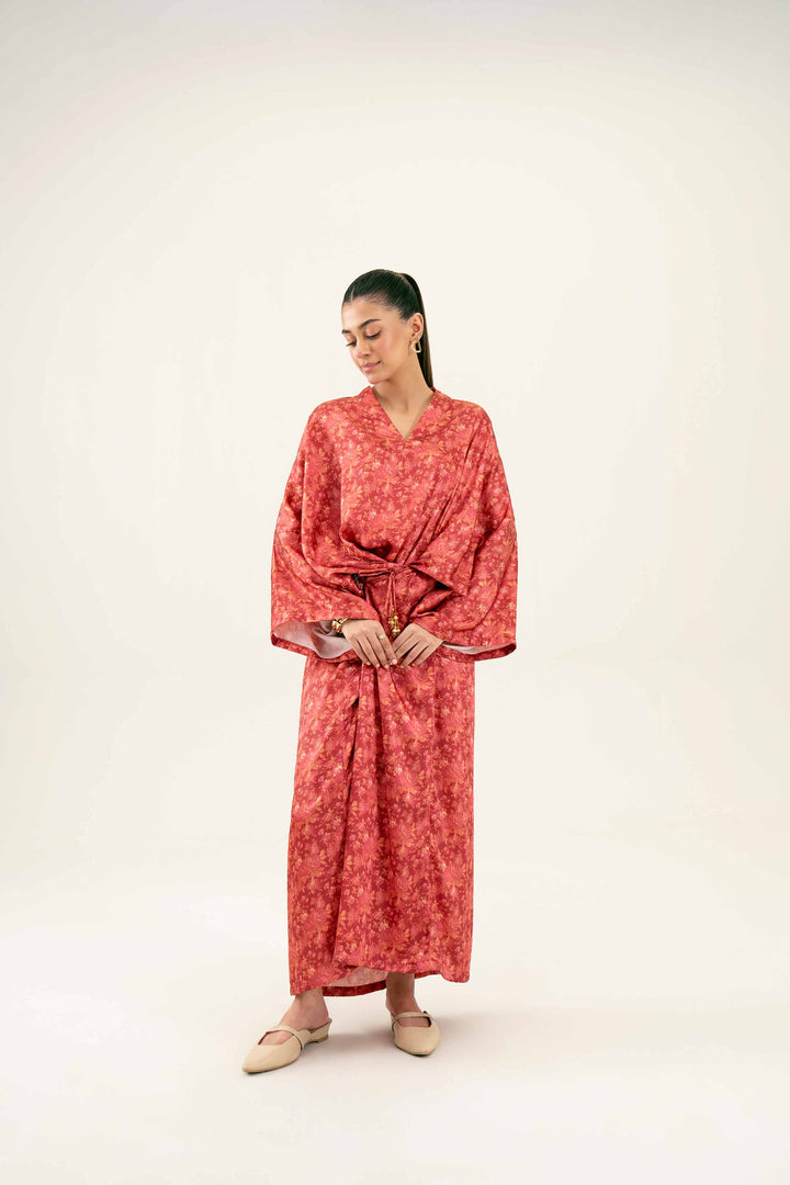 Rust Silk Printed Kimono Winter Dress