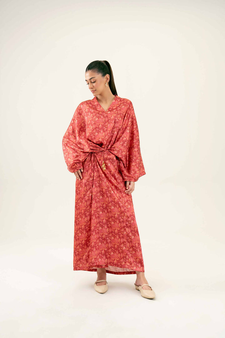 Rust Silk Printed Kimono Winter Dress