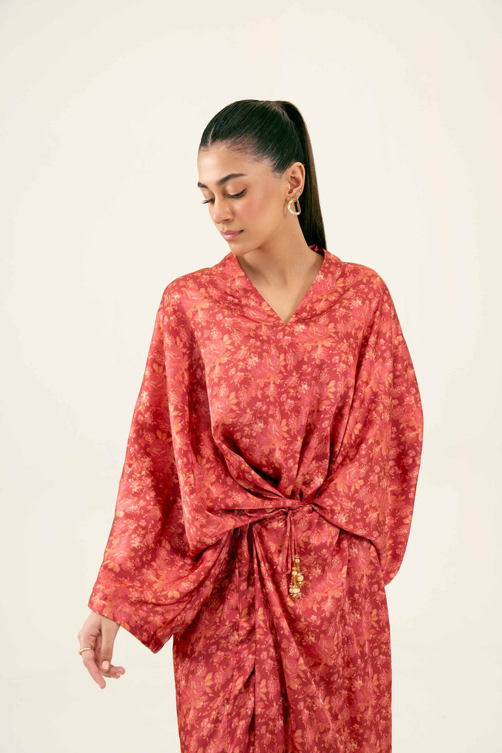 Rust Silk Printed Kimono Winter Dress