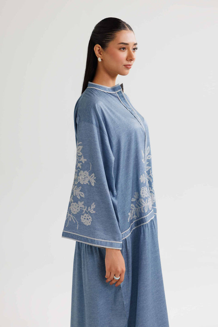 Blue Satin Printed Embroidered Winter Dress