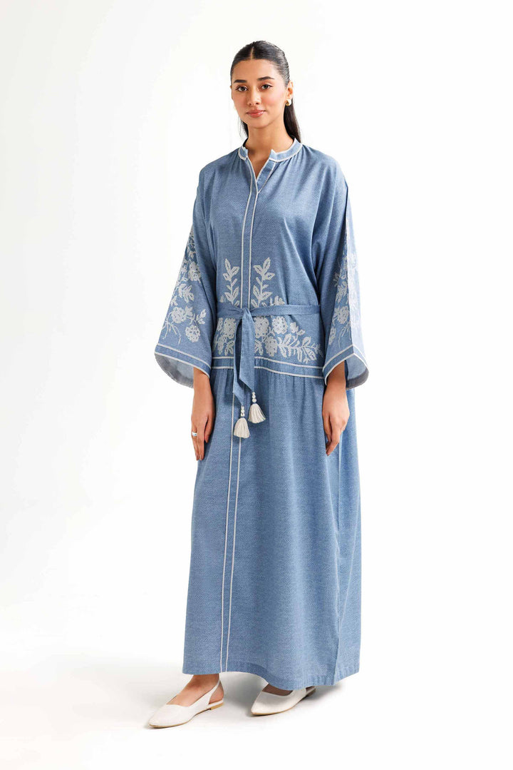 Blue Satin Printed Embroidered Winter Dress