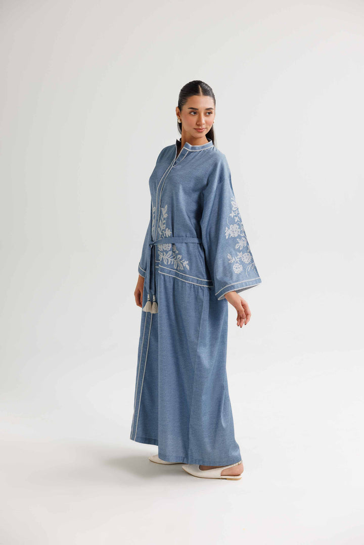 Blue Satin Printed Embroidered Winter Dress