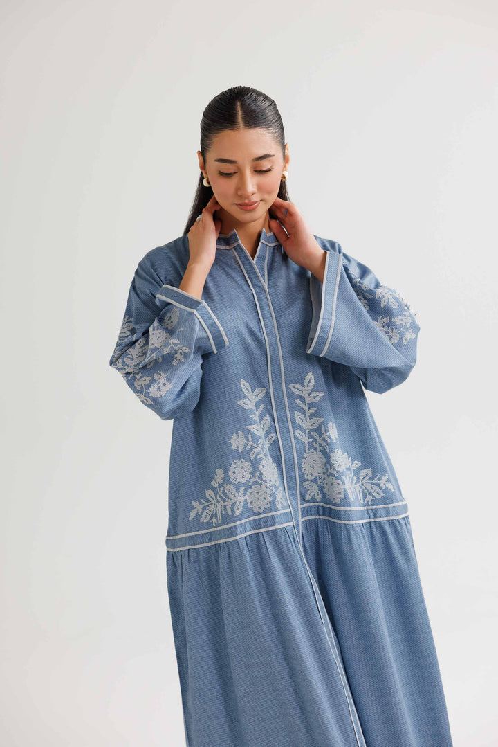 Blue Satin Printed Embroidered Winter Dress