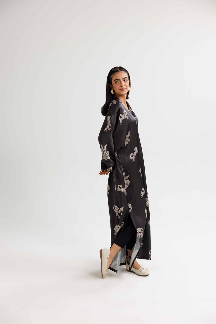 Black Silk Printed Winter Dress