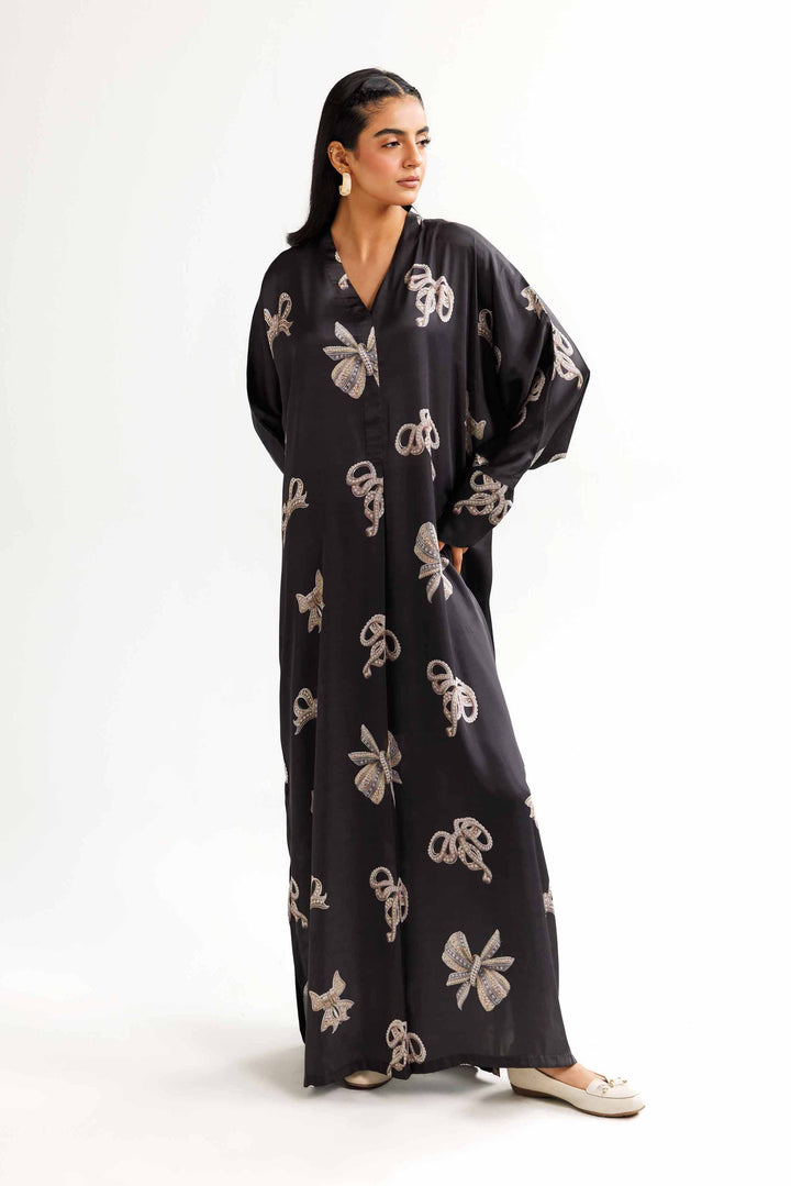 Black Silk Printed Winter Dress