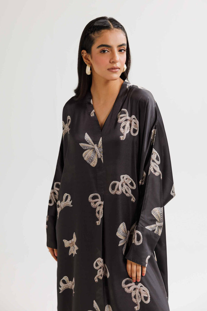 Black Silk Printed Winter Dress