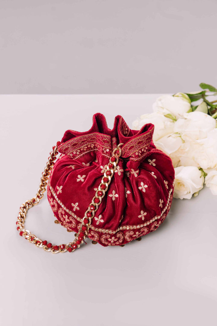 Red Velvet Embroidered Luxury Pouch