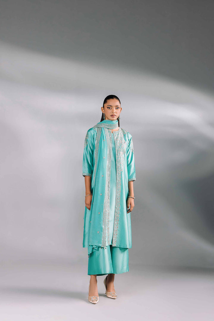 4 Piece Sea Green Bemberg & Polyester Embroidered Suit