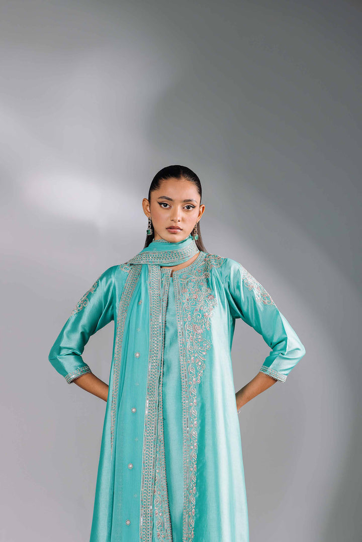 4 Piece Sea Green Bemberg & Polyester Embroidered Suit