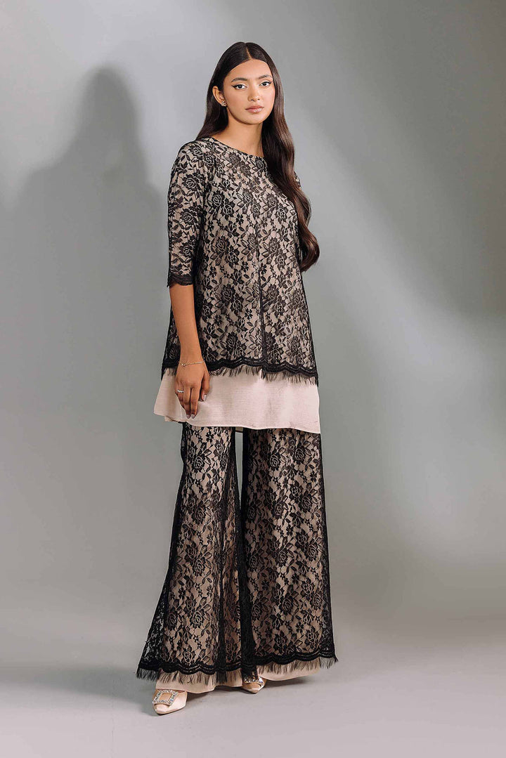 3 Piece Black & Fawn Silk & Net Embroidered Suit