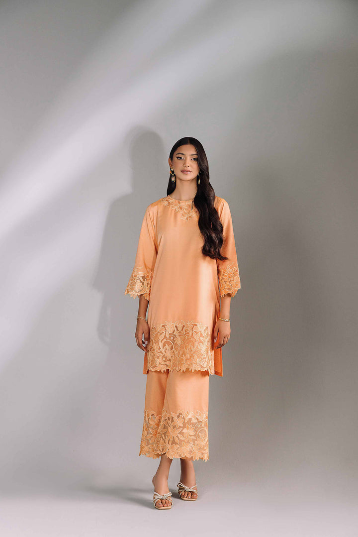 2 Piece Peach Embroidered Matka Silk Suit