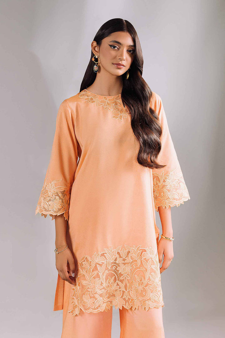 2 Piece Peach Embroidered Matka Silk Suit