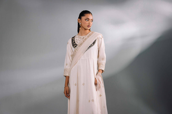 2 Piece Off & White Net & Silk Embroidered Suit