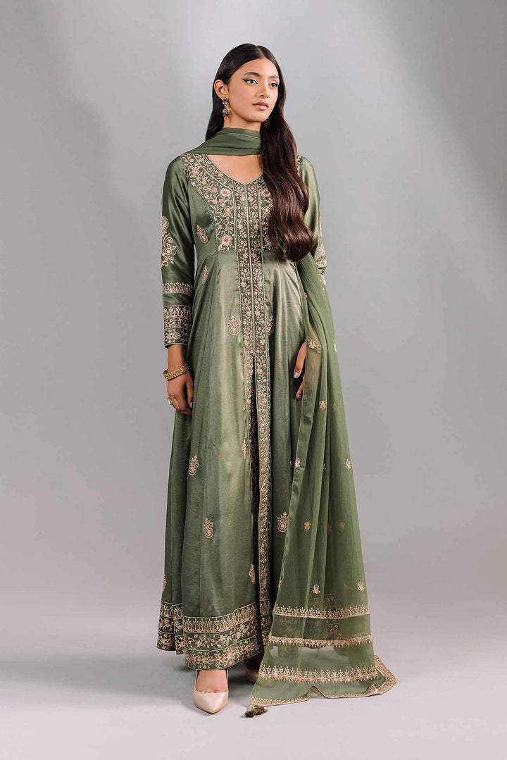 2 Piece Olive Green Bemberg Chiffon & Silk Embroidered Suit