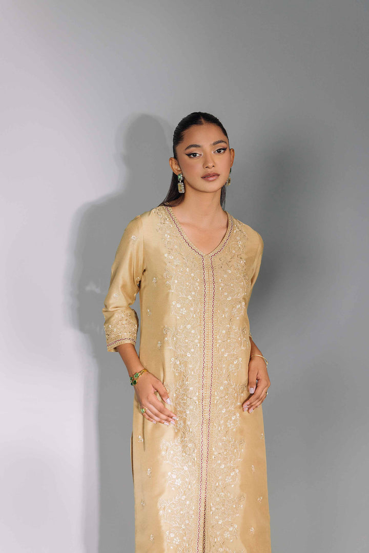 2 Piece Brown Silk Embroidered Suit