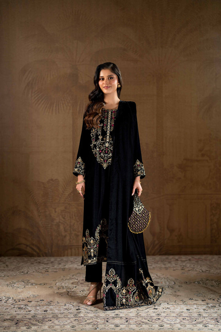 3 Piece Black Embroidered Velvet Suit