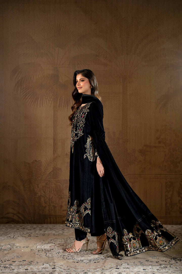 3 Piece Black Embroidered Velvet Suit