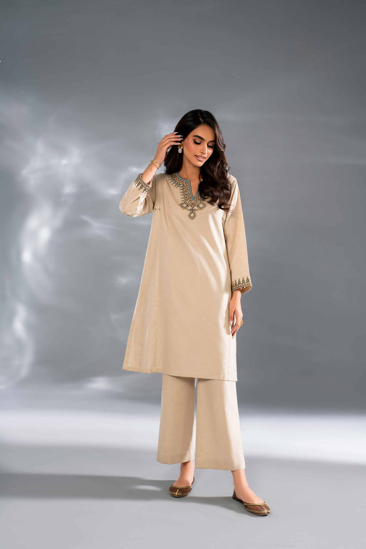 2 Piece Beige Karandi Embroidered Suit