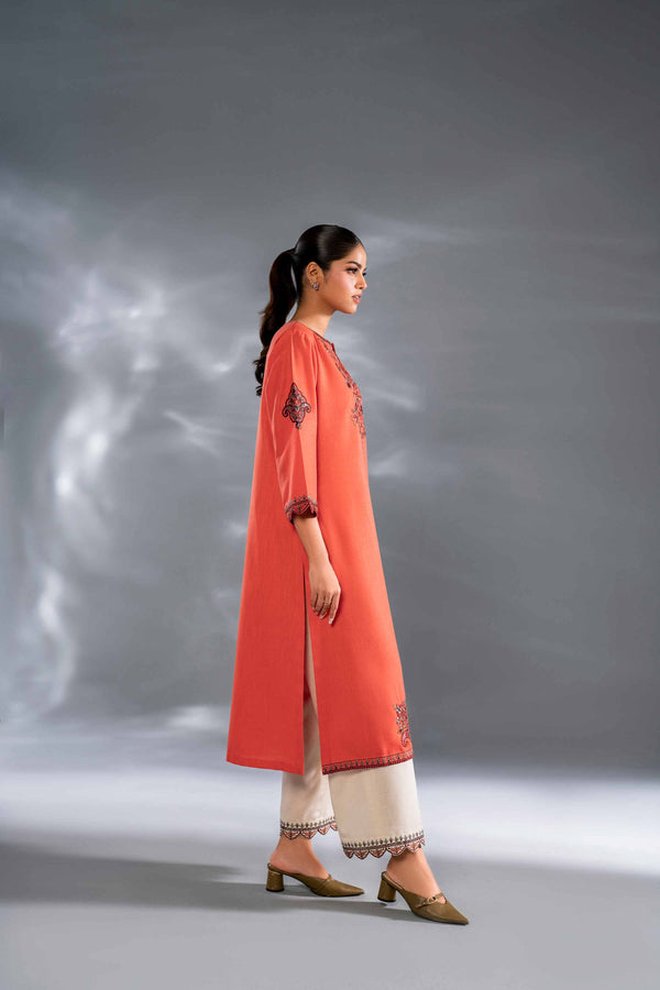 2 Piece Polyester & Karandi Embroidered Orange & Skin Winter Suit