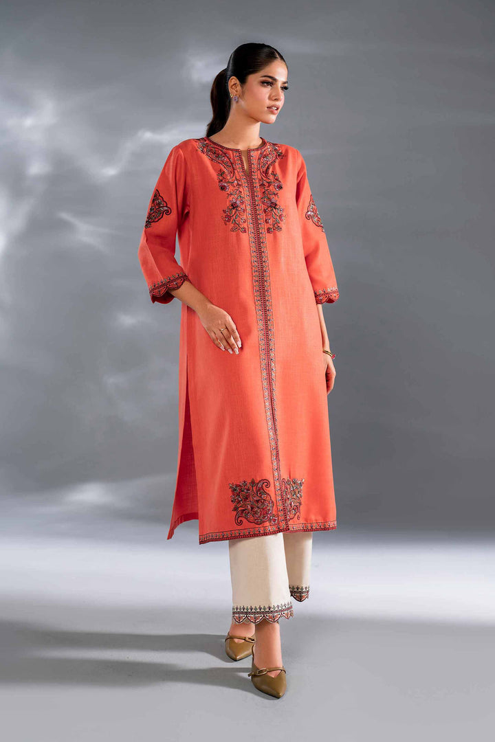 2 Piece Polyester & Karandi Embroidered Orange & Skin Winter Suit