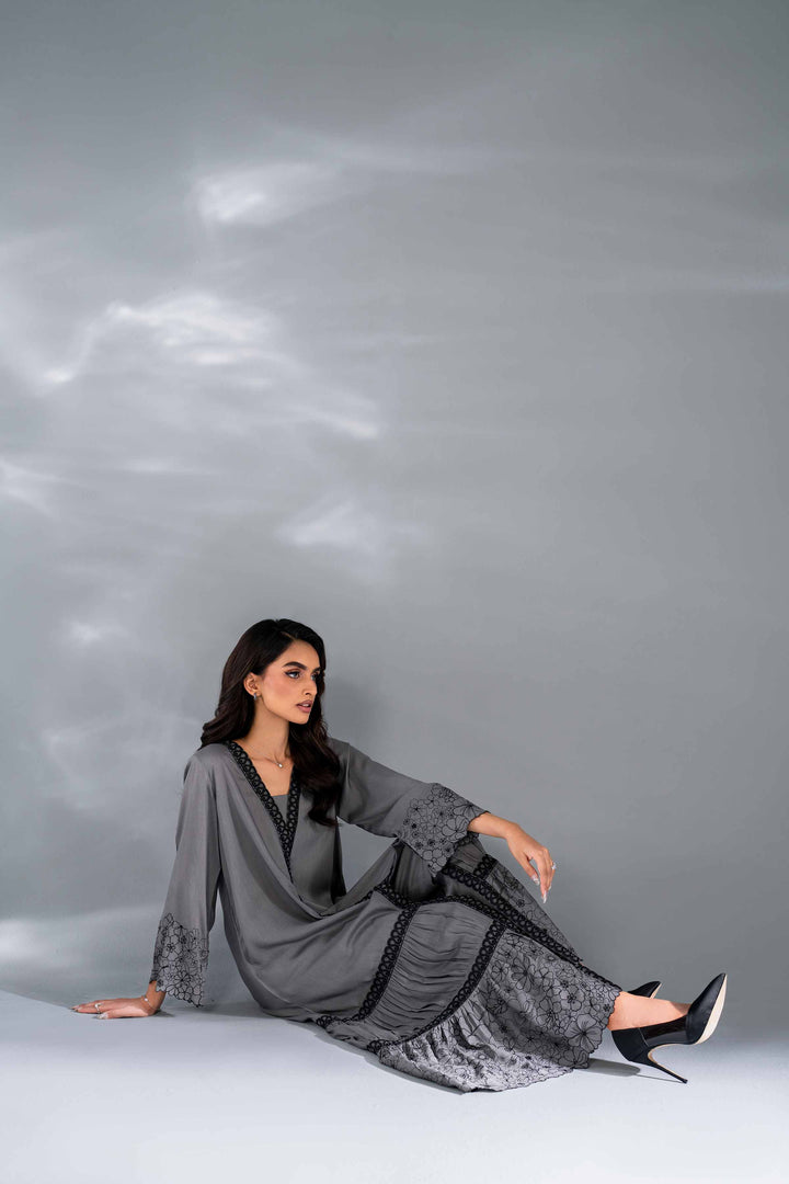 2 Piece Grey Embroidered Linen Suit