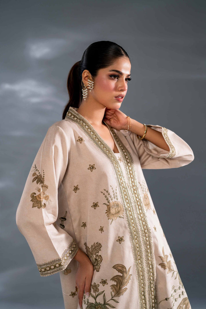 2 Piece Beige Satin Printed Embroidered Suit