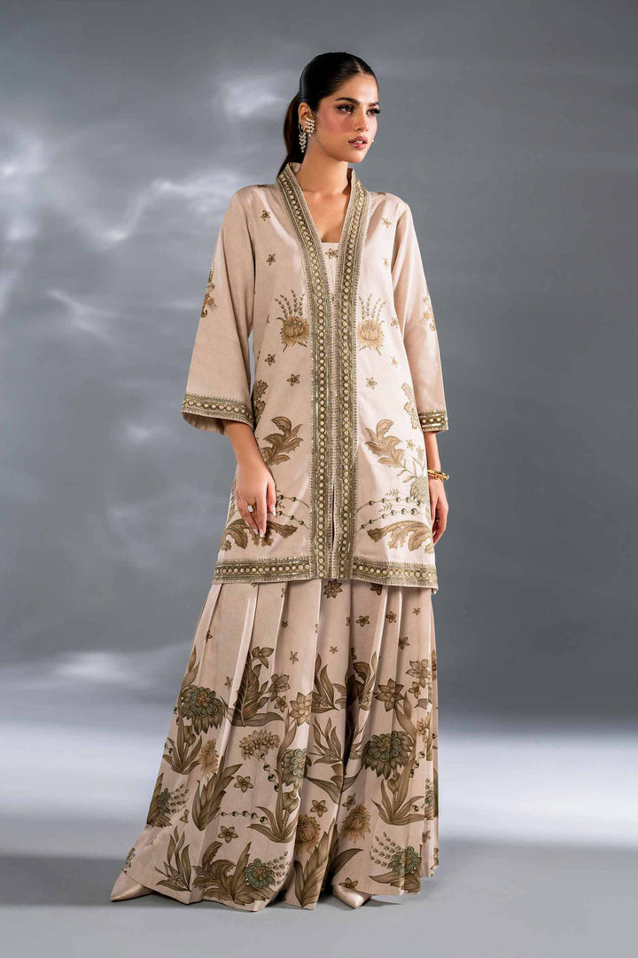 2 Piece Beige Satin Printed Embroidered Suit