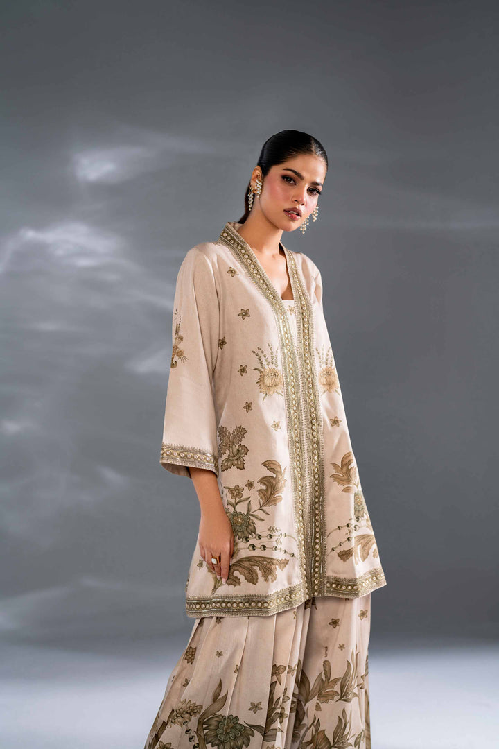 2 Piece Beige Satin Printed Embroidered Suit