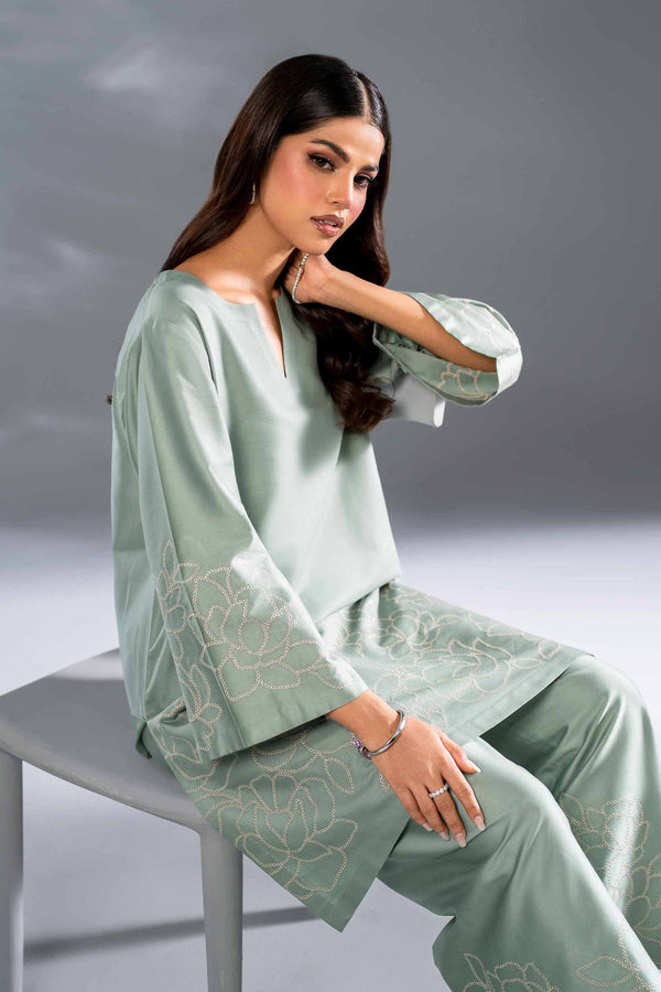 2 Piece Aqua Sateen Embroidered Suit